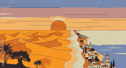 Striking Graphic Landscape Illustration of Desert Meeting Coastal Town at Sunset, Ideal for Travel Brochures and Decorative Wall Art