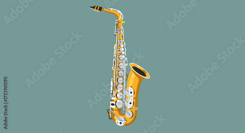 Golden Saxophone Illustration for Music Education, Jazz Promotion, and Creative Design Projects; Ideal for Musical Instrument Guides or Artistic Presentations.