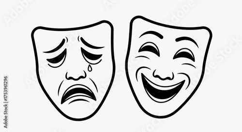 Theatrical Masks Representing Duality of Emotions Depicted in Simple Black and White Line Art for Dramatic Arts and Psychological Concepts