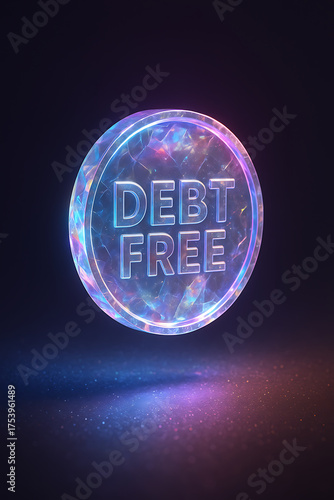 Debt free iridescent crystal coin glowing with vibrant colors, symbolizing financial freedom and success