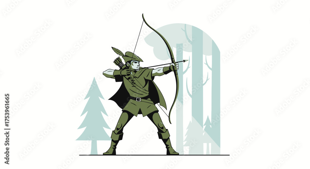 Fototapeta premium Heroic Archer Illustration in Forest Setting, Perfect for Fantasy Game Assets, Medieval Storytelling, and Historical Fiction Design Projects.