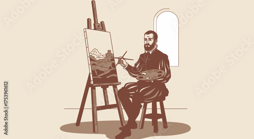 Renaissance Artist Creating a Landscape Painting on Canvas with Easel in Studio. Ideal for historical art education, creative process illustrations, or artistic inspiration.