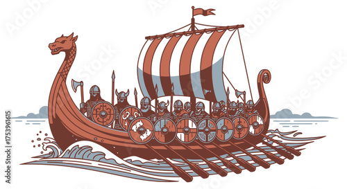 Viking Ship Illustration with Warriors and Dragon Head, Depicting Norse Maritime History and Cultural Heritage for Educational and Historical Projects