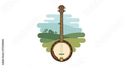 Banjo Illustration with Rural Landscape Background Depicting Folk Music and Cultural Heritage for Music Education and Country-Themed Events