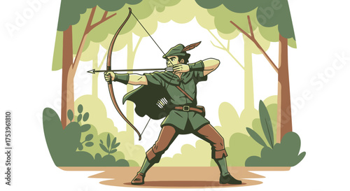 Robin Hood Illustration Aiming with Bow and Arrow in Sherwood Forest, Depicting Classic Adventure and Medieval Folklore for Children's Books or Educational Material