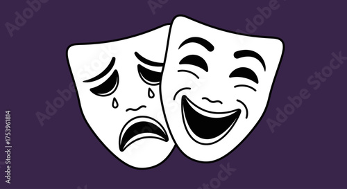 Theatrical Masks Representing Duality of Emotions, Perfect for Illustrating Drama, Psychology, and Human Expression in Artistic and Educational Projects.