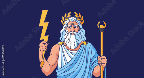 Zeus, King of the Gods Illustration, Holding Lightning Bolt and Staff, for Mythological Education and Ancient History Related Creative Projects