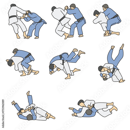 judo fighter throwing the opponent during fight illustration vector hand drawn with black lines