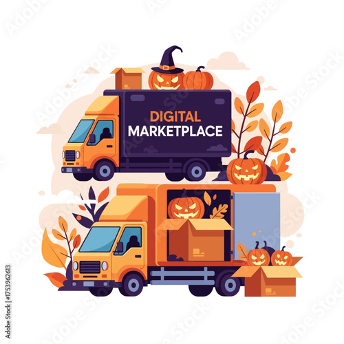 Two trucks are delivering Halloween-themed packages, one with a 'Digital Marketplace' sign and pumpkins.