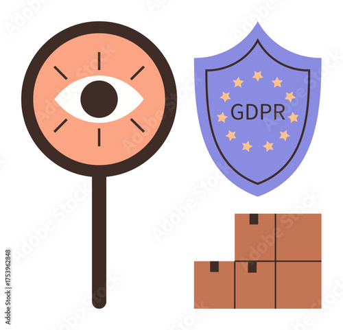 Eye magnifier watching over data, GDPR shield for compliance, and stacked boxes symbolizing logistics. Ideal for data protection, security, privacy, compliance, surveillance, logistics flat metaphor