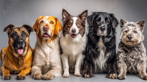 Group portrait of five adorable dogs of different breeds sitting together against a neutral gray background