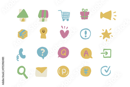 かわいい手描き風のWebショップのアイコンのセット | WEBサイト・HP・オンラインストア・ネットショッピングのベクター素材