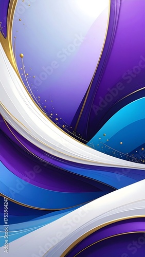 Abstract artwork featuring flowing, layered ribbons in shades of purple, blue, white, and gold
