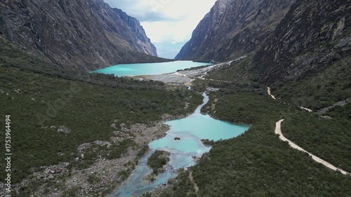 Yungay, Peru: Forward motion drone footage in the Huascarán National Park valley captures two lakes, one of them Llanganuco, surrounded by mountains and dramatic landscapes