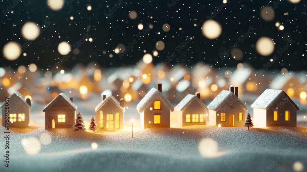 Fototapeta premium Serene Winter Scene with Miniature Houses Blanketed in Snow and Warm Lights, A featuring