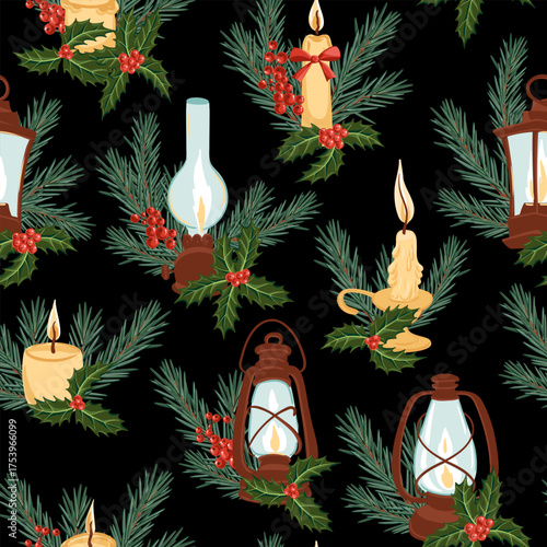 vector drawing Christmas seamless pattern, vintage kerosene lamps, candles and fir branch with green needles and holly leaves and red berries, hand drawn illustration