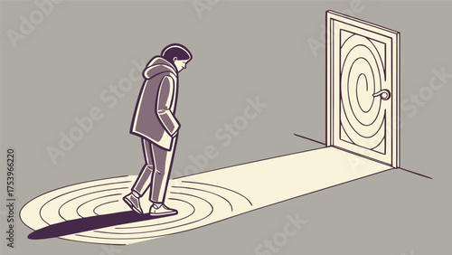 Person standing in a spotlight of light facing a closed door with a patterned design