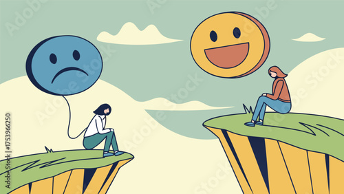 Two people on cliffs with contrasting emotion balloons above them representing happiness and sadness