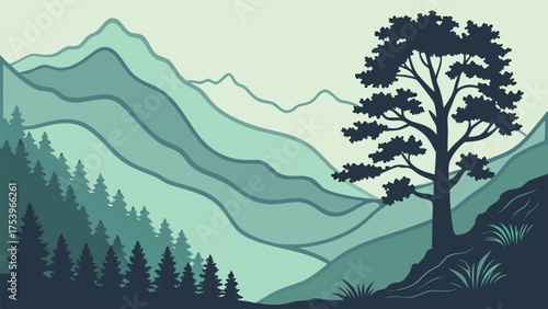 Serene mountain landscape with a lone pine tree and layered hills