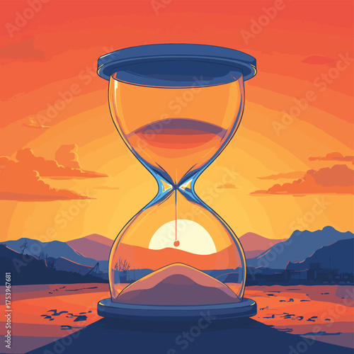 Hourglass on construction site at sunset symbolizing time and progress , vector style simple color