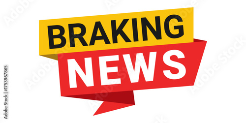 Breaking news vector illustration. Red and yellow paper ribbon banner with text on a white background
