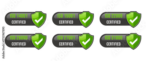 ISO Certified Shield Icon Set. ISO 14001, 15001, 22000, 26000, 27001, 31000 standard labels with green checkmark. Vector illustration