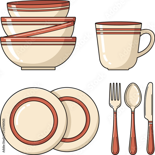Set of Vintage Dinnerware with Bowls, Plates, Mug, and Cutlery Illustration
