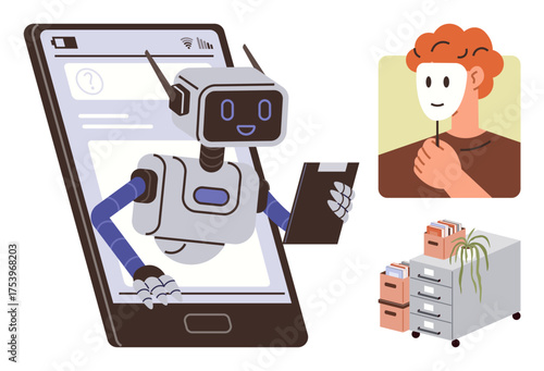 Humanoid robot emerges from smartphone holding clipboard, compares data to human with mask. Features documents stack and filing cabinet. Ideal for technology, AI, identity, data privacy, future