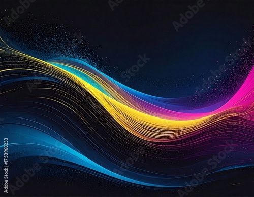 Abstract artwork featuring flowing lines and vibrant color gradients against a dark background