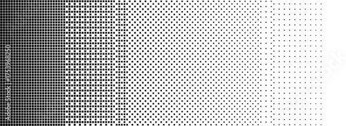 Bitmap halftone texture background. Square dot faded gradation wallpaper. Black and white binary squared pixels. Abstract glitchy 8 bit video game backdrop. Vector comic dither screen tone overlay