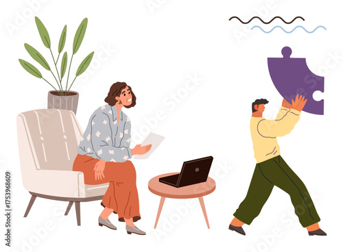 Woman seated with a laptop and documents, while a man carries a puzzle piece. Ideal for teamwork, problem-solving, collaboration, creative thinking, organization, project management, simple flat