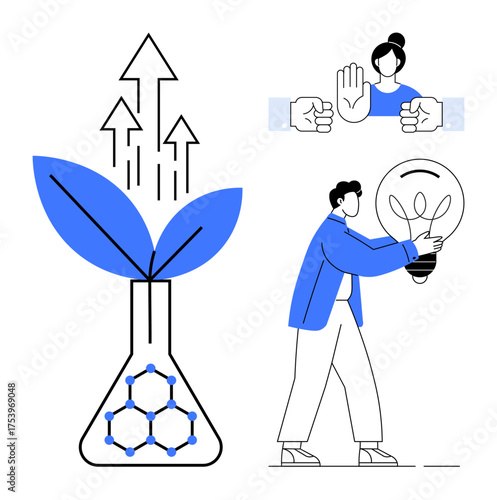 Leaf in beaker symbolizing eco-friendly research with arrows indicating growth, lightbulb denoting innovation, and gestures promoting ethical standards. Ideal for sustainability, research, growth