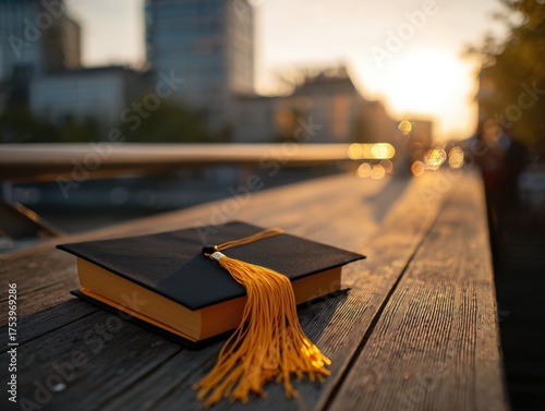 Graduation Cap on Wooden Table at Sunset