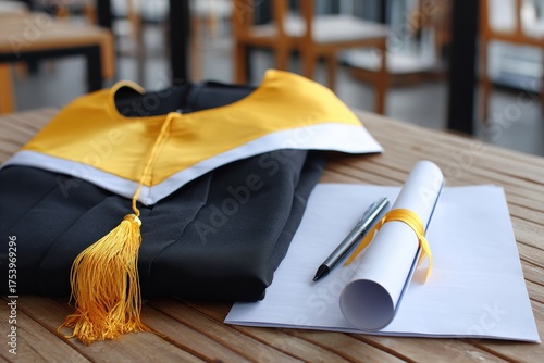 Graduation Gown and Cap on Table