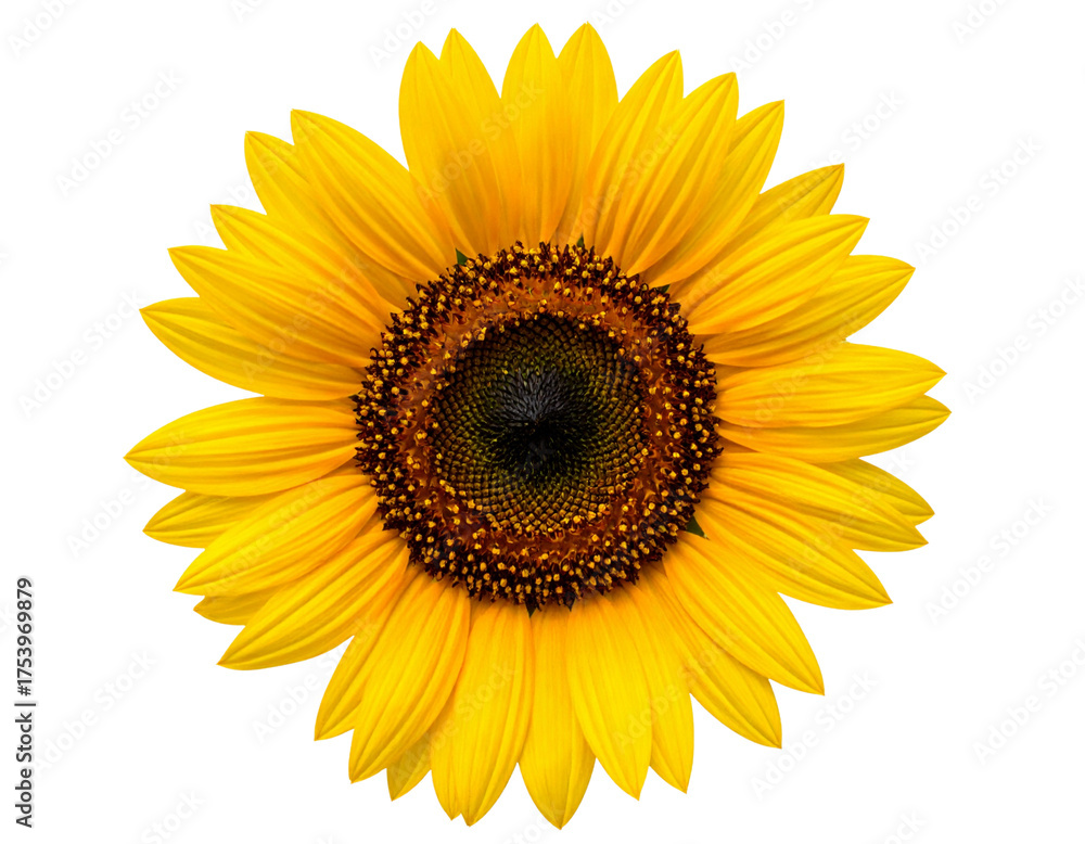 Fototapeta premium Bright yellow sunflower blossom with green leaf isolated on a clean white background