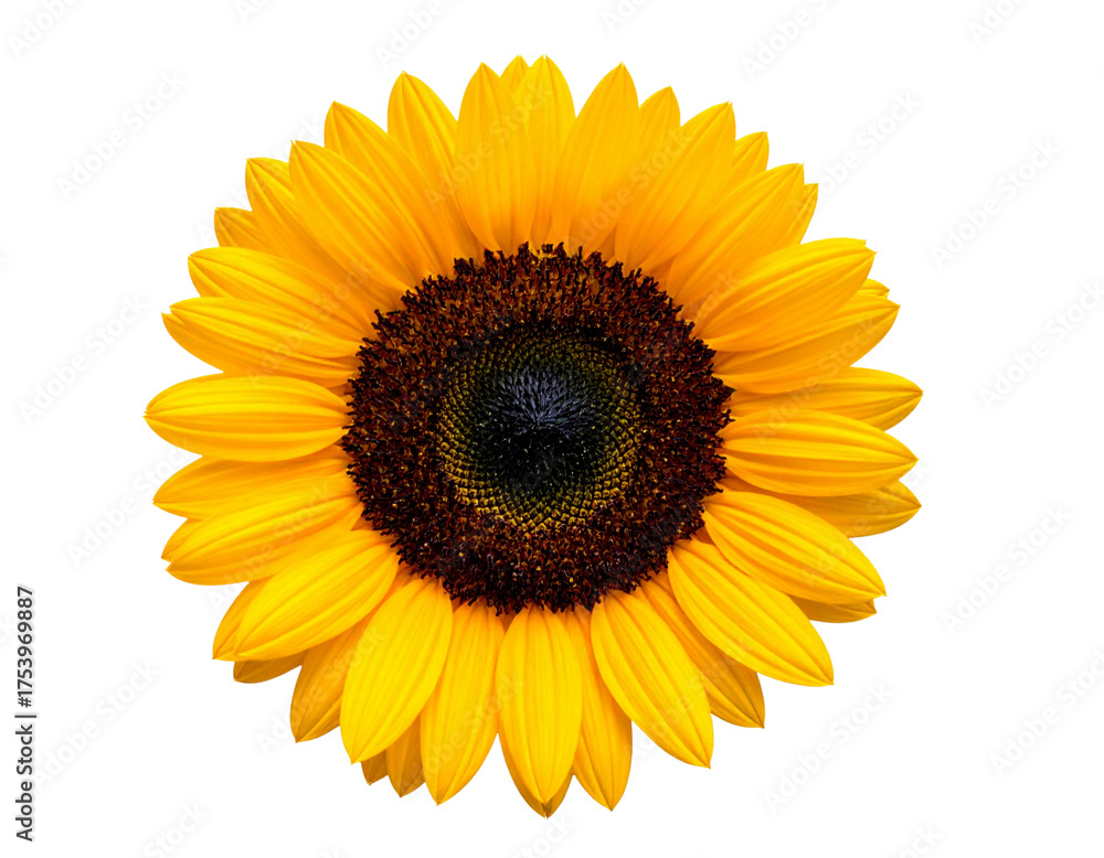 Fototapeta premium Bright yellow sunflower blossom with green leaf isolated on a clean white background