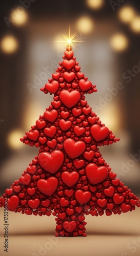 A Christmas tree made of red hearts, topped with a star, against a blurred background of lights.