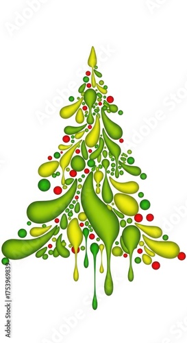 A vibrant, abstract Christmas tree composed of colorful, stylized droplet shapes and spheres.
