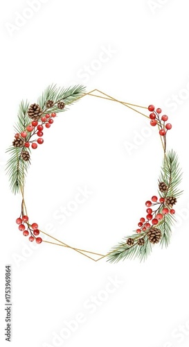 A festive watercolor wreath featuring pine needles, red berries, and pinecones, framed by a gold geometric shape.