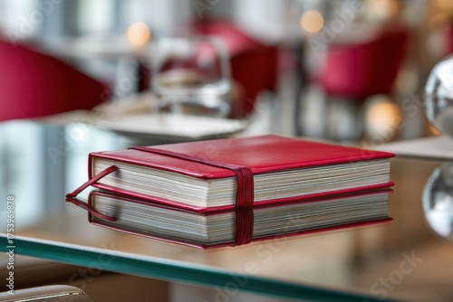 Red Notebook on Reflective Table Surface