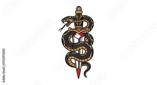 A striking tattoo design features a coiled serpent wrapped around a sharp dagger, symbolizing danger, power, and rebirth in traditional art styles
