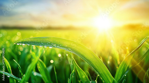 Vibrant close-up of dew-kissed blade of grass, sunburst background, early morning