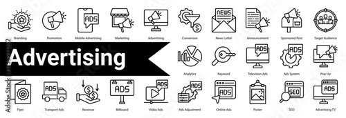 Minimalist Advertising line  icons set with editable stroke, featuring:  Branding,Promotion,Mobile Advertising,Marketing,Advertising,Conversion,News Letter,Announcement,Sponsored Post,Target Audience