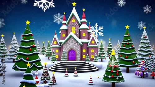 Wallpaper Mural Gentle zoom-out 3D animation of snow falling on Christmas fairytale castle amid decorated trees, festive winter wonderland night lights Torontodigital.ca