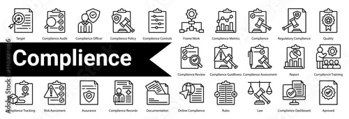 Minimalist Compliance line  icons set with editable stroke, featuring:  Target,Complience Audit,Complience Officer,Complience Policy,Complience Controls,Frame Work,Complience Metrics,Complience