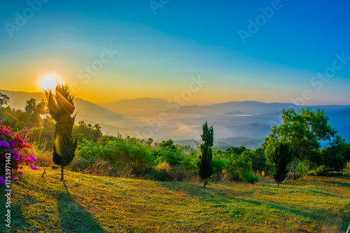 Sunrise at Mae Chaem Forest Park, Chiang Mai province, Thailand.