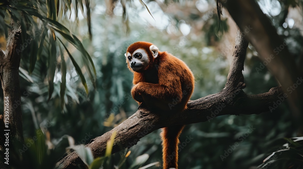 Obraz premium A red-haired monkey sits on a tree branch in a lush green jungle.
