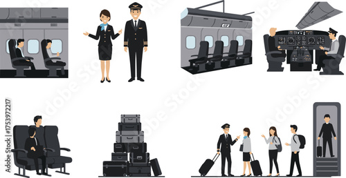Air travel lifestyle, airplane cabin, flight crew, pilot and attendant, luggage, boarding, aviation interior, 