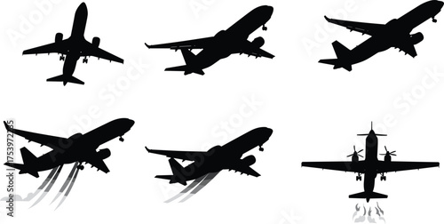 Airplane silhouette, jet trail, flight motion, aircraft in sky, propeller plane, aviation graphic, takeoff, ascent, 