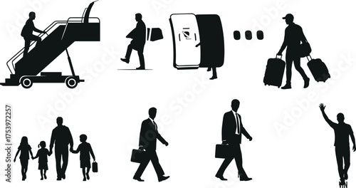 Air travel silhouette illustrations with business travelers, family walking, suitcase, airplane boarding, 
